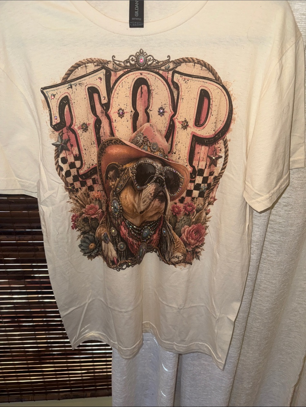 Gildan Cream Women’s Graphic Tee with Bulldog Cowboy Design